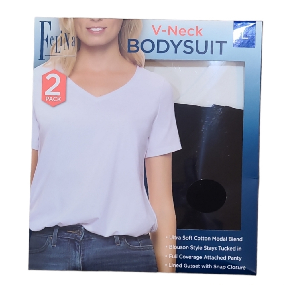 New Felina 2 Pack V-neck T-shirt Bodysuit Blouson Style Ultra Soft Black White